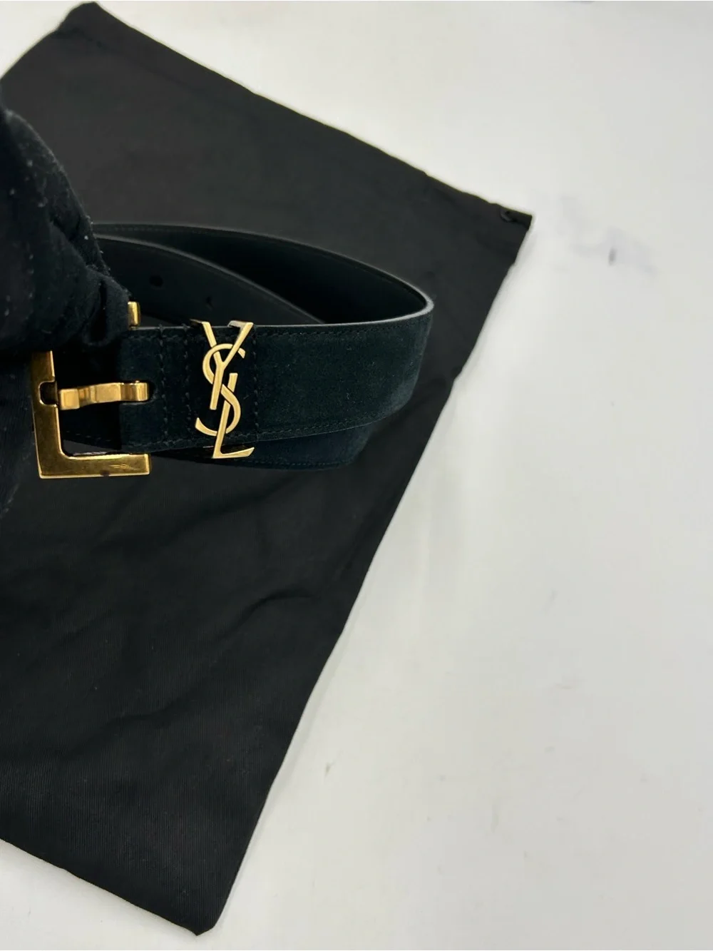 Women's Saint Laurent Black Suede Belt with Gold YSL Logo 80/32 inches